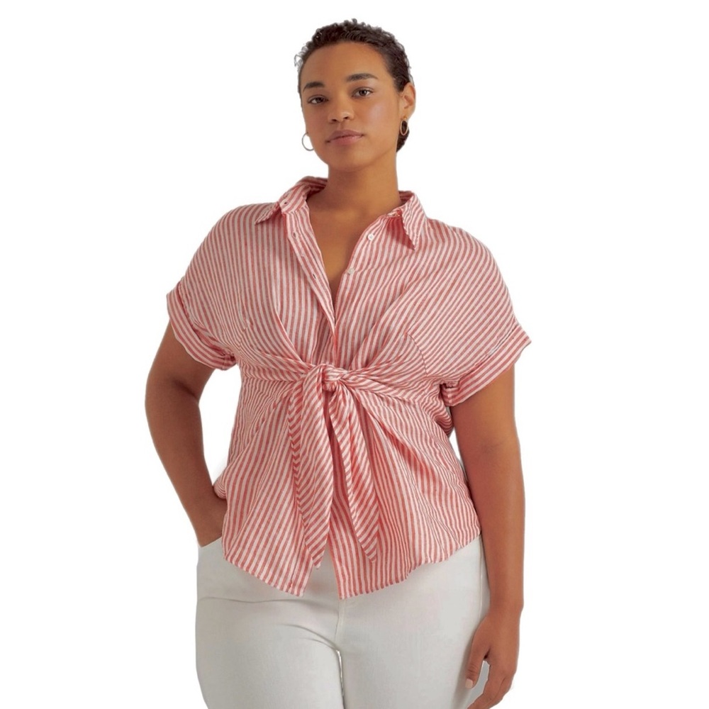 Lauren Ralph Lauren Pink and White Striped Button-Down Tie Front Shirt